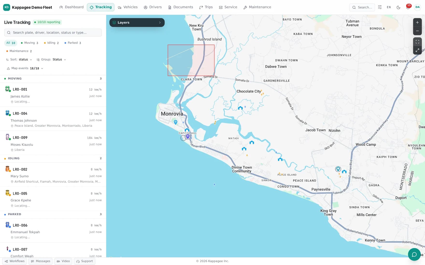 Live tracking in Kappagee Fleet: a fleet of ten vehicles on a map of Monrovia, grouped in the sidebar by moving, idling and parked, each row showing plate, driver, speed and last position.