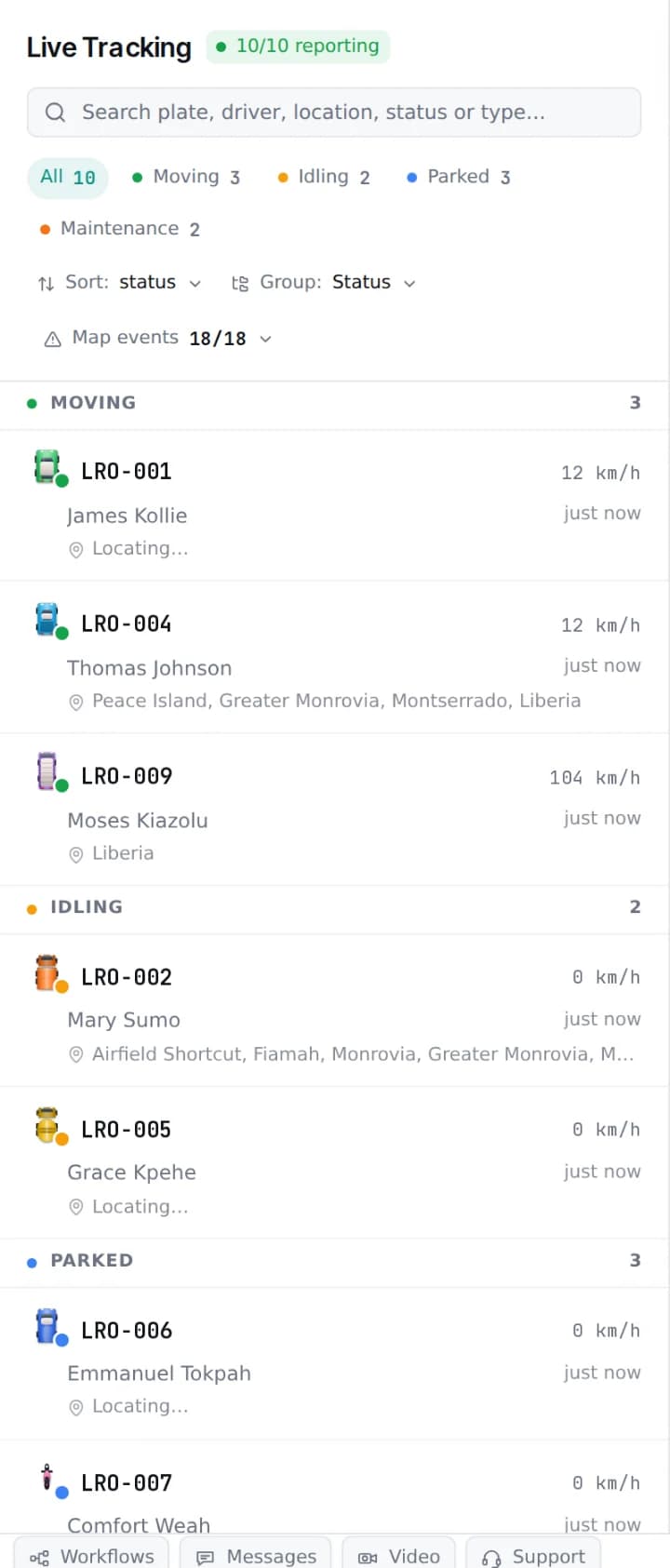 The Kappagee Fleet command centre: ten vehicles reporting live over Monrovia, grouped by moving, idling and parked, each with its driver, speed and last position.
