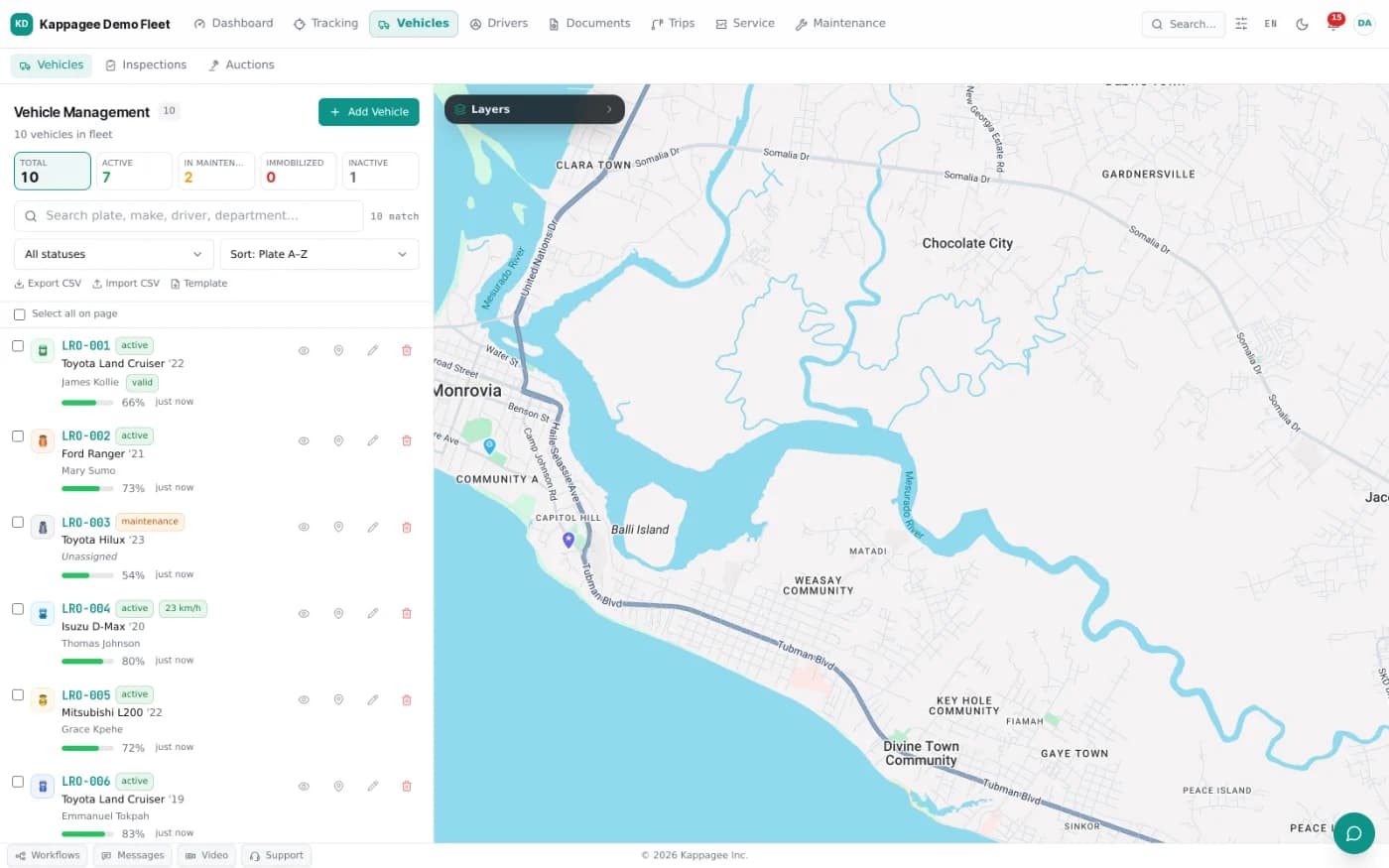 The vehicle registry in Kappagee Fleet: every vehicle with its status, driver, fuel level and last report, beside a map of the fleet.